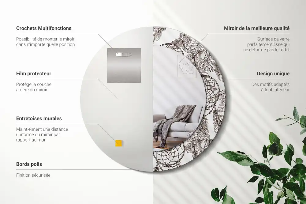 Miroir rond cadre imprimé attrape-rêves ethnique