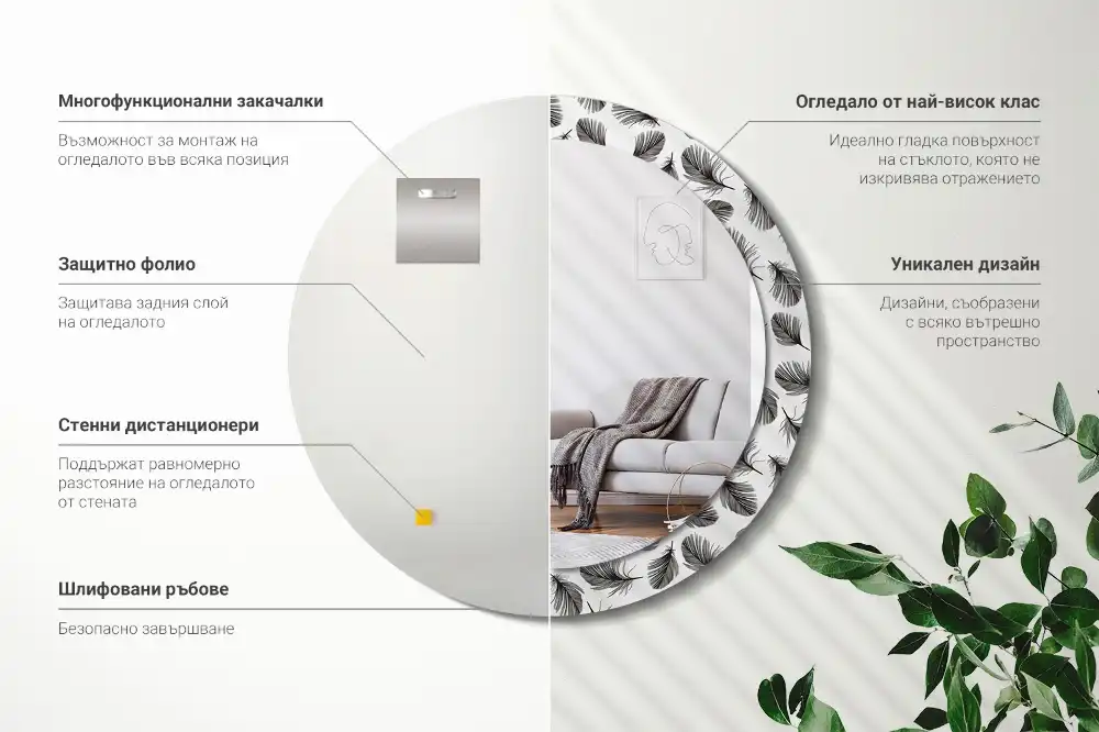 Miroir rond cadre avec impression plumes