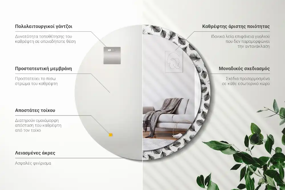Miroir rond cadre avec impression plumes