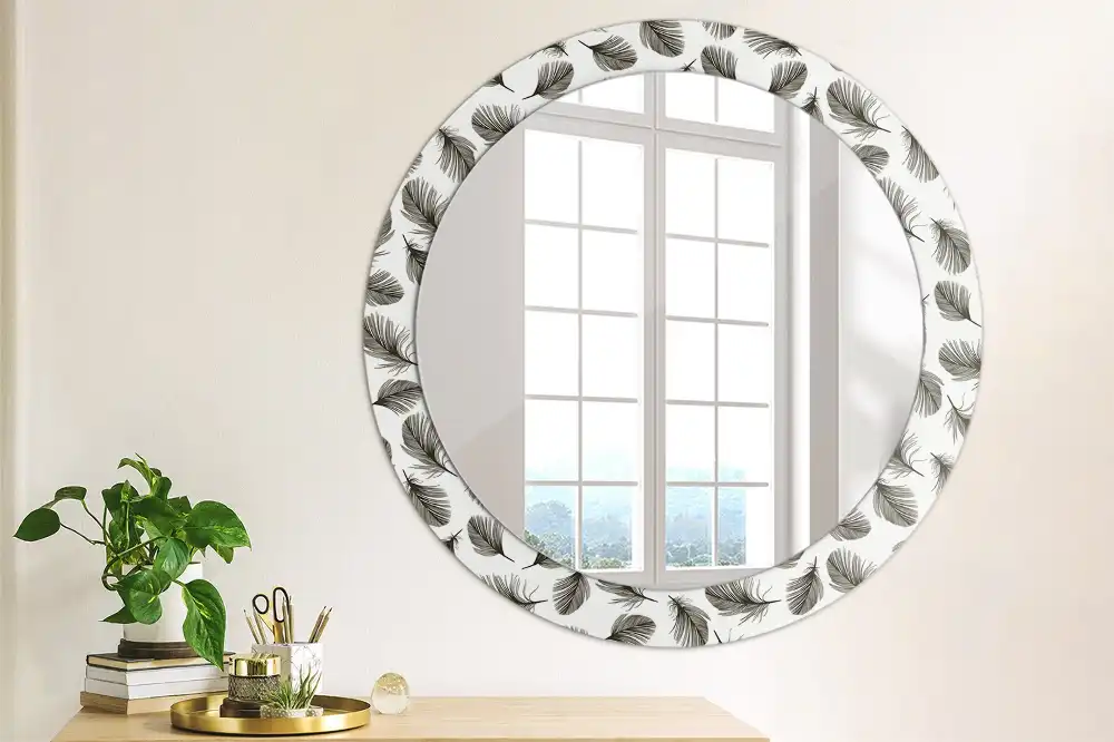 Miroir rond cadre avec impression plumes