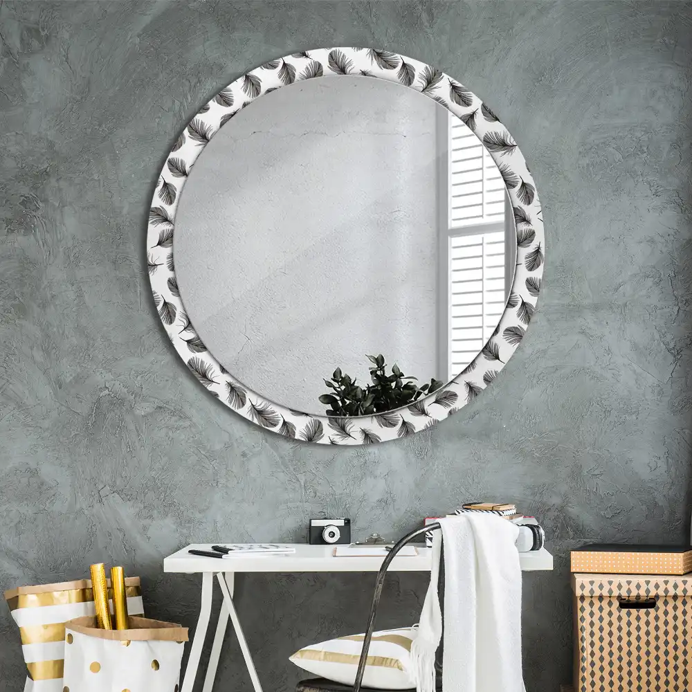 Miroir rond cadre avec impression plumes