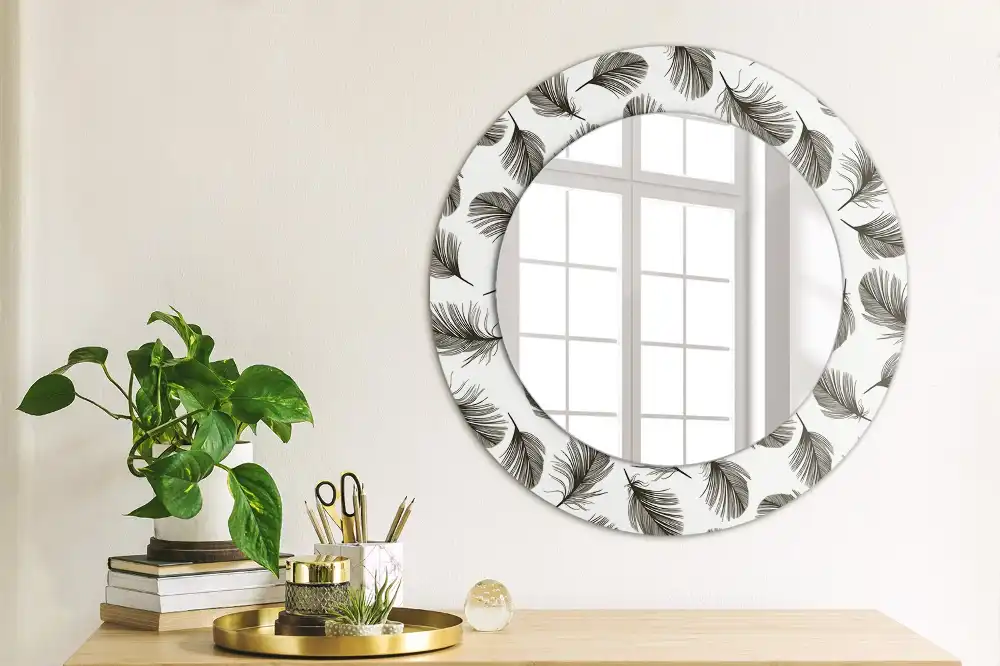 Miroir rond cadre avec impression plumes
