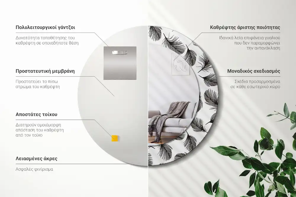 Miroir rond cadre avec impression plumes
