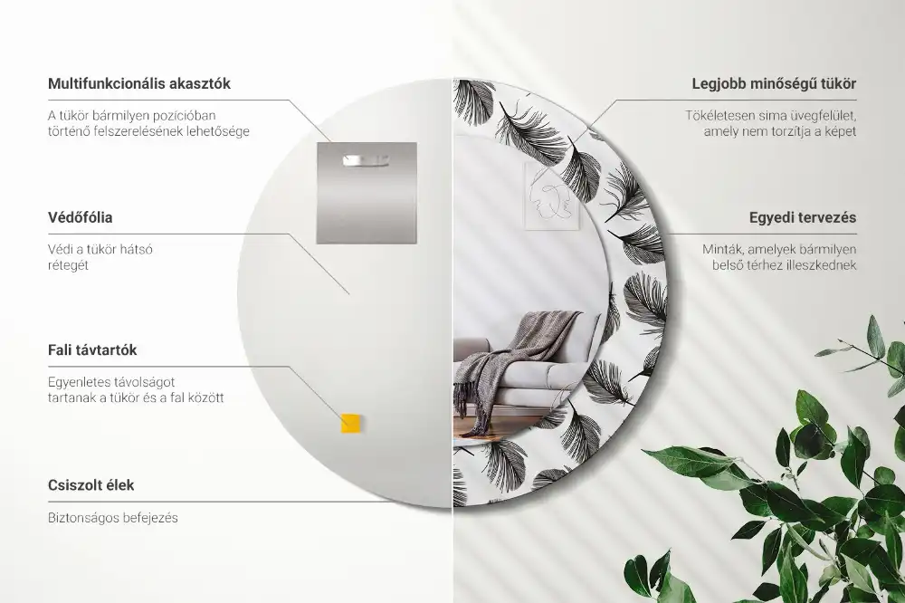 Miroir rond cadre avec impression plumes