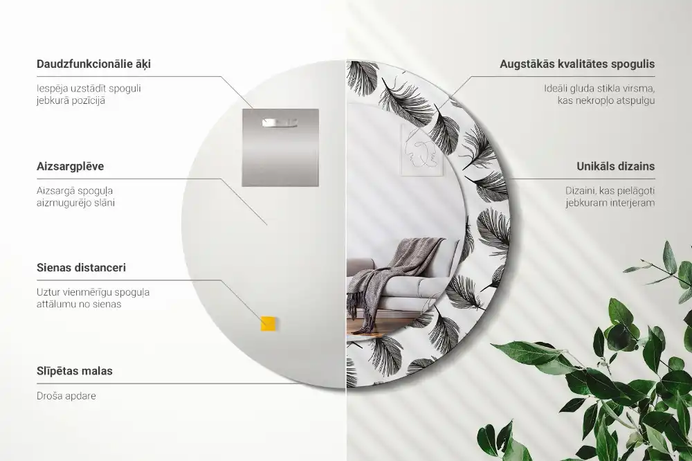 Miroir rond cadre avec impression plumes