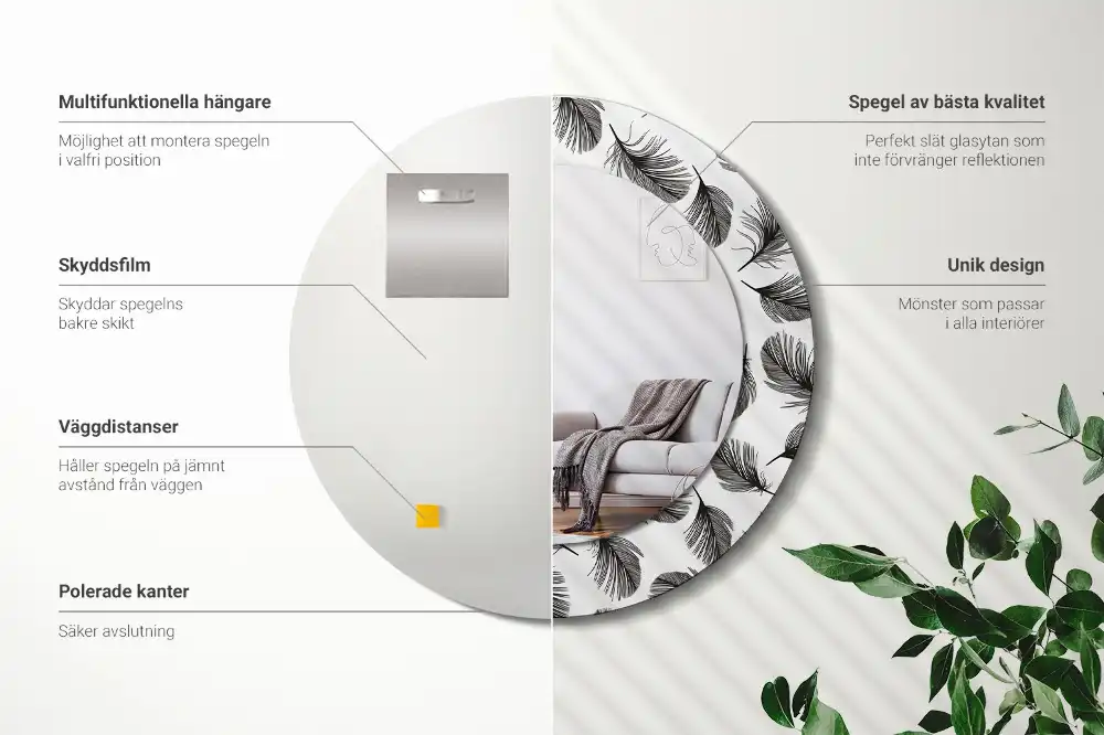 Miroir rond cadre avec impression plumes