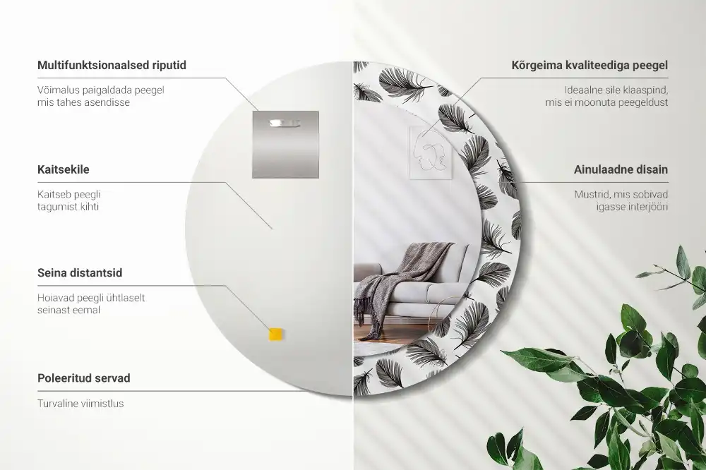 Miroir rond cadre avec impression plumes
