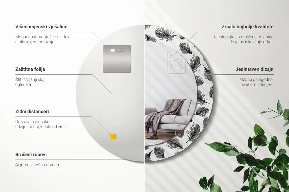 Miroir rond cadre avec impression plumes