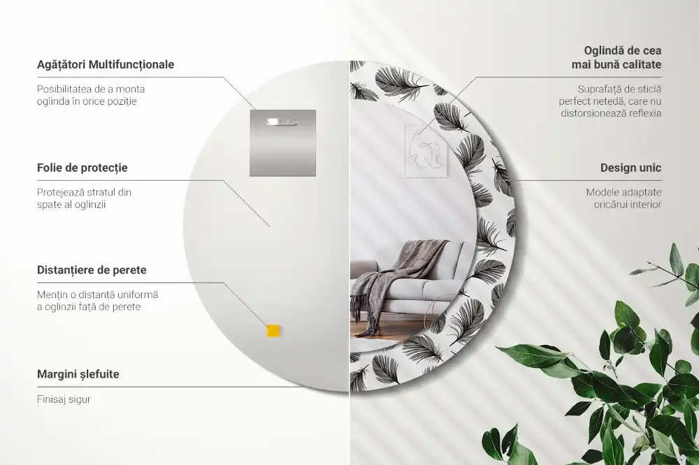 Miroir rond cadre avec impression plumes