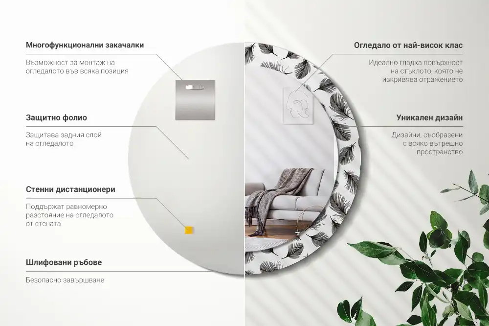Miroir rond cadre avec impression plumes