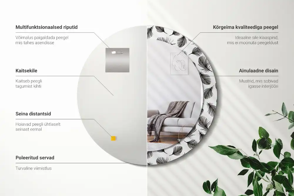 Miroir rond cadre avec impression plumes