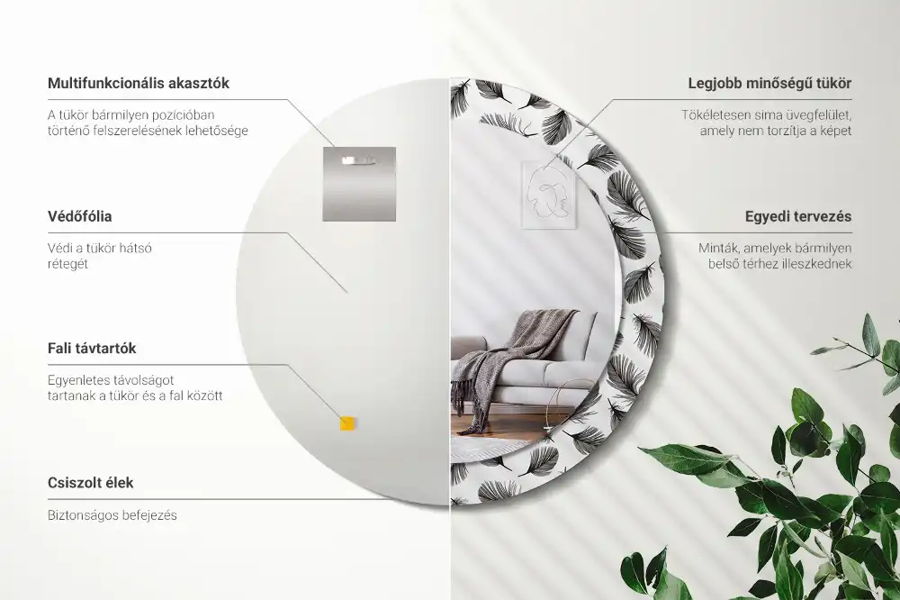 Miroir rond cadre avec impression plumes