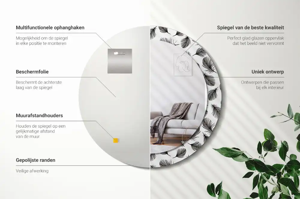 Miroir rond cadre avec impression plumes