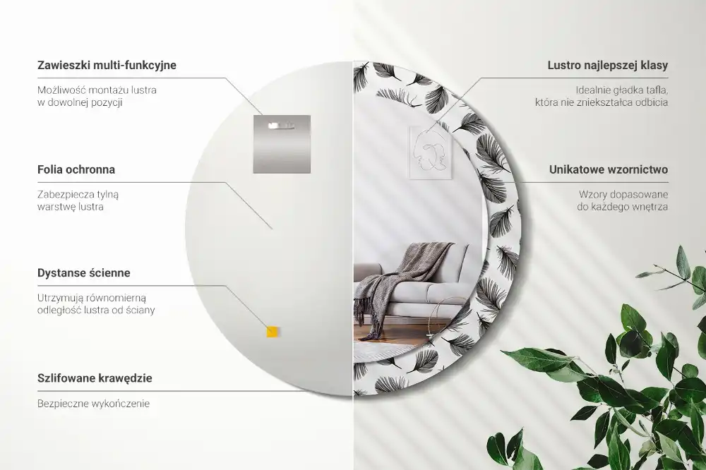 Miroir rond cadre avec impression plumes