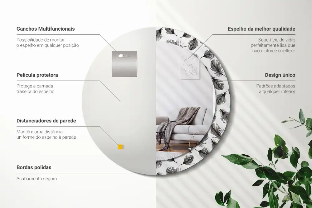 Miroir rond cadre avec impression plumes