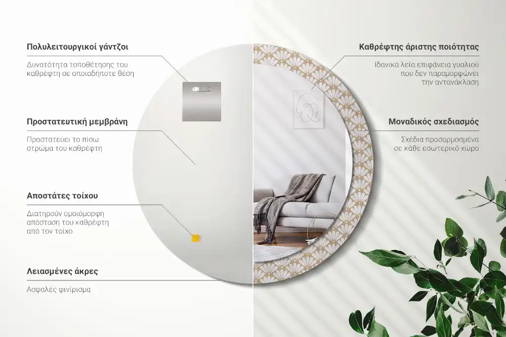 Miroir rond imprimé fleur orientale