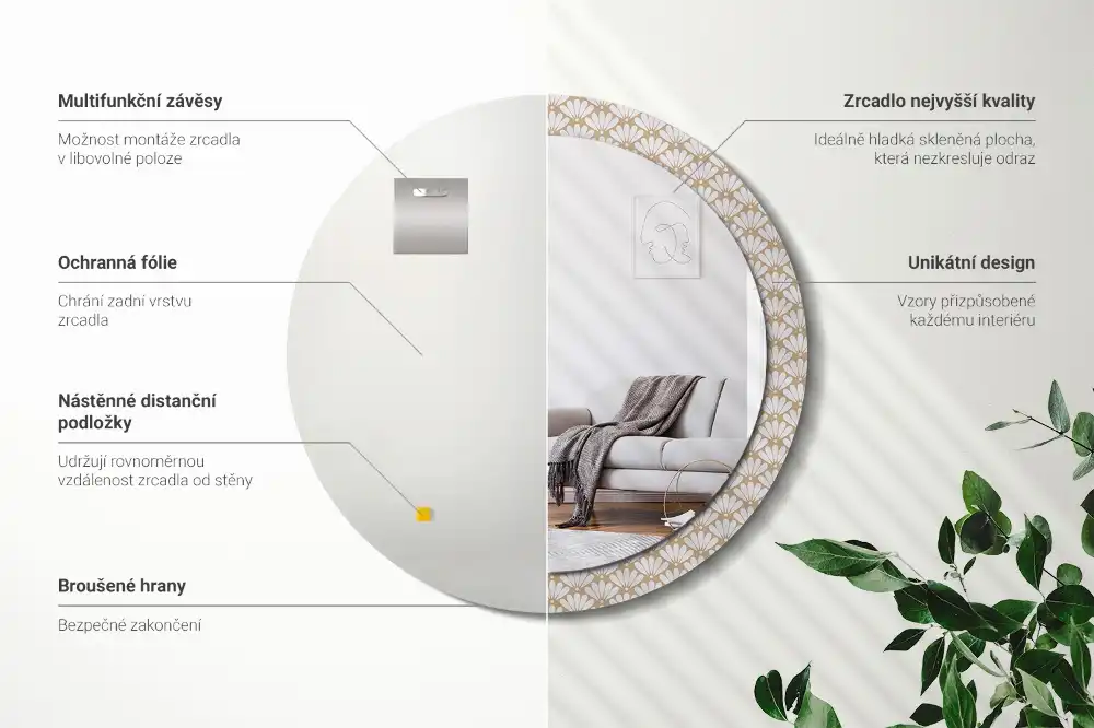 Miroir rond imprimé fleur orientale