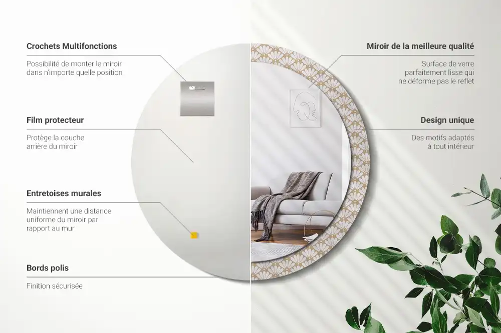 Miroir rond imprimé fleur orientale