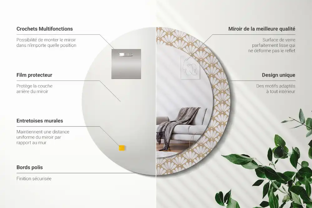 Miroir rond imprimé fleur orientale