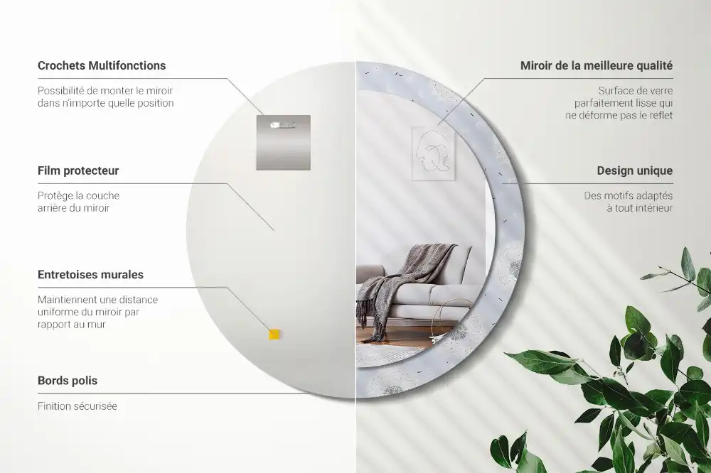Miroir rond cadre imprimé pissenlits
