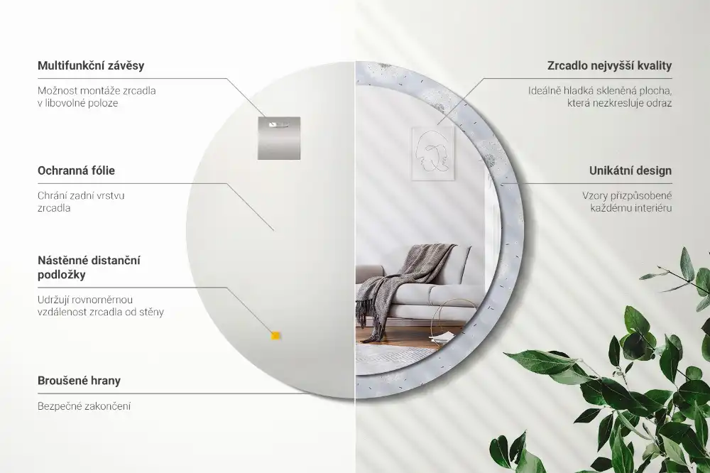 Miroir rond cadre imprimé pissenlits