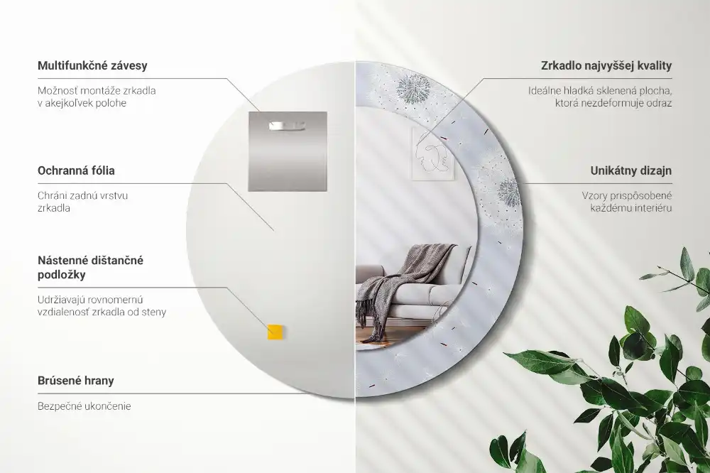 Miroir rond cadre imprimé pissenlits