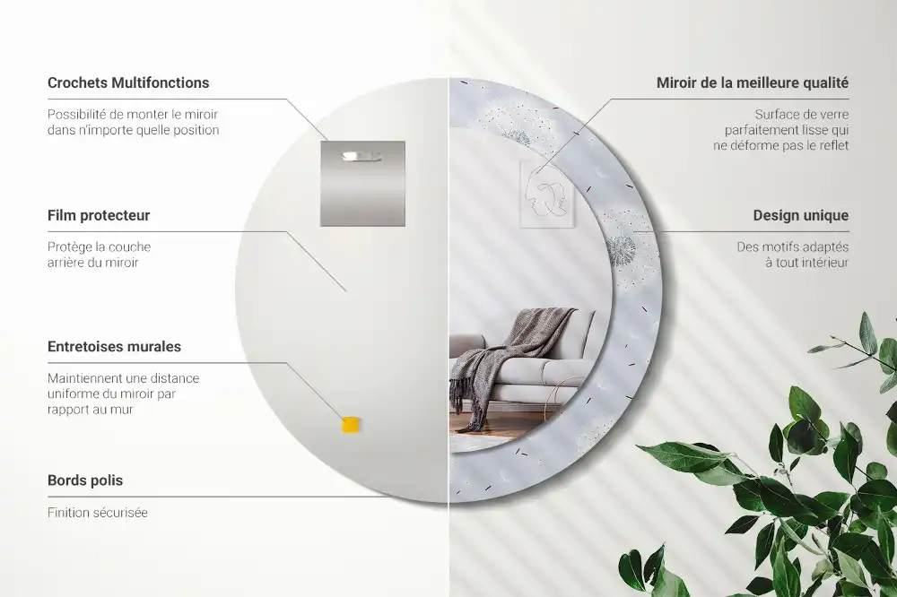 Miroir rond cadre imprimé pissenlits