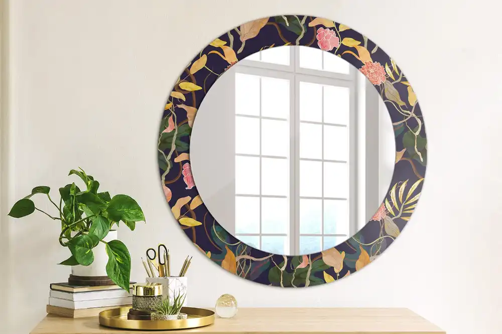 Miroir rond cadre avec impression plantes à l'aquarelle