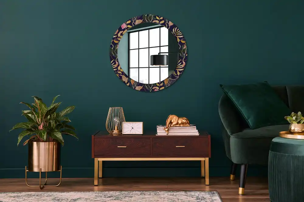 Miroir rond cadre avec impression plantes à l'aquarelle