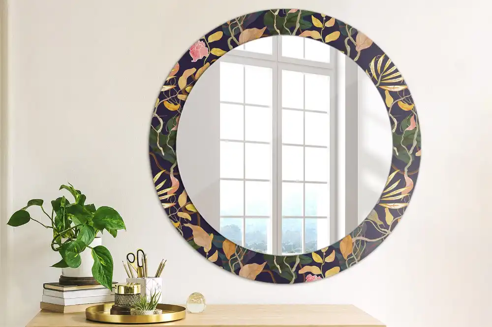 Miroir rond cadre avec impression plantes à l'aquarelle