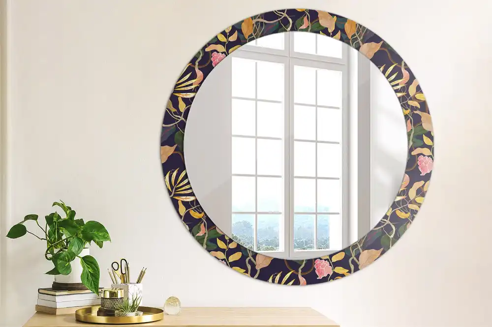 Miroir rond cadre avec impression plantes à l'aquarelle