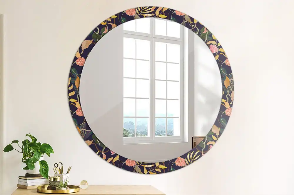 Miroir rond cadre avec impression plantes à l'aquarelle