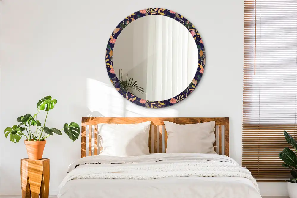 Miroir rond cadre avec impression plantes à l'aquarelle