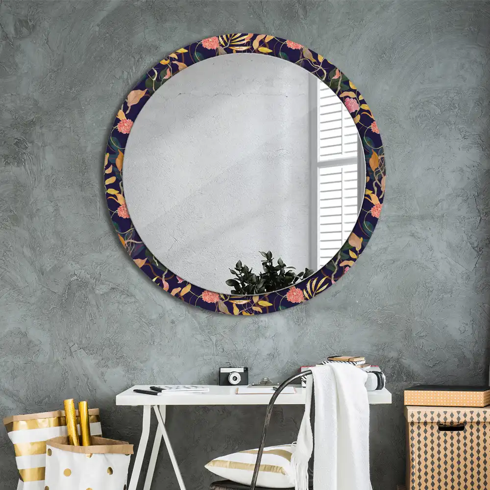 Miroir rond cadre avec impression plantes à l'aquarelle