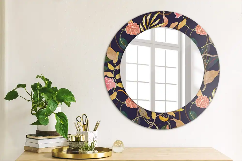 Miroir rond cadre avec impression plantes à l'aquarelle