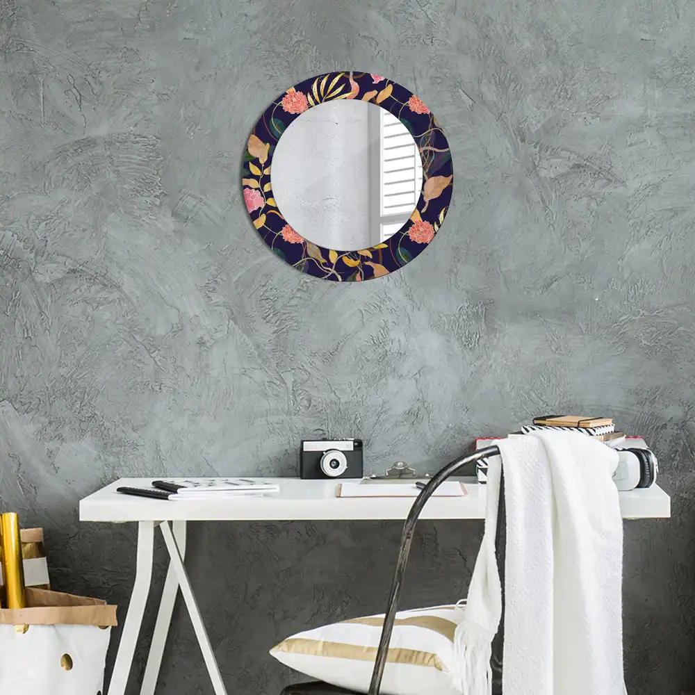 Miroir rond cadre avec impression plantes à l'aquarelle