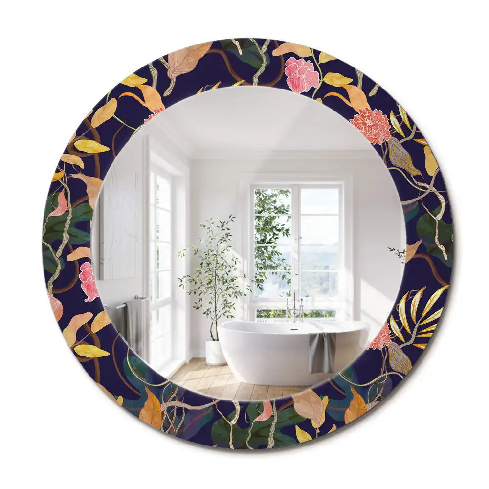 Miroir rond cadre avec impression plantes à l'aquarelle