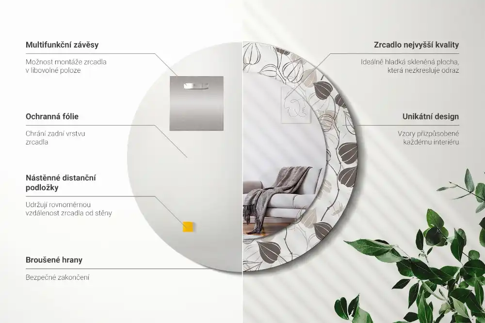 Miroir rond imprimé abstrait floral