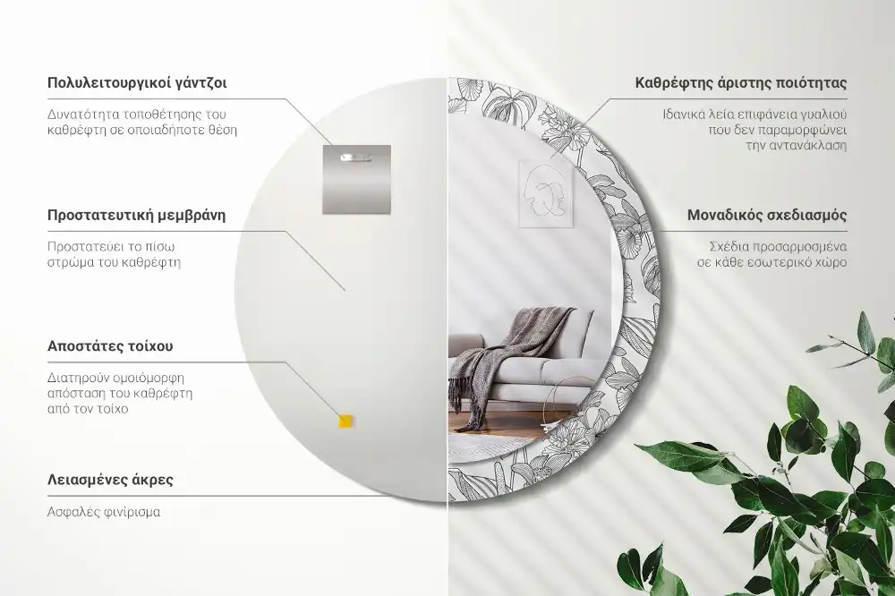 Miroir rond imprimé motif floral