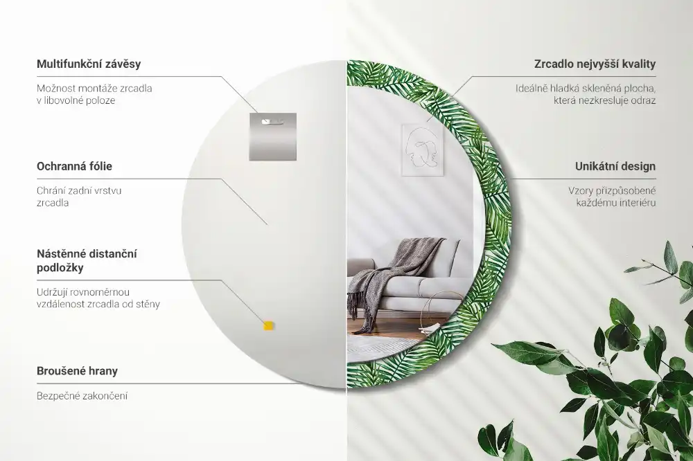 Miroir rond cadre imprimé palmier tropical