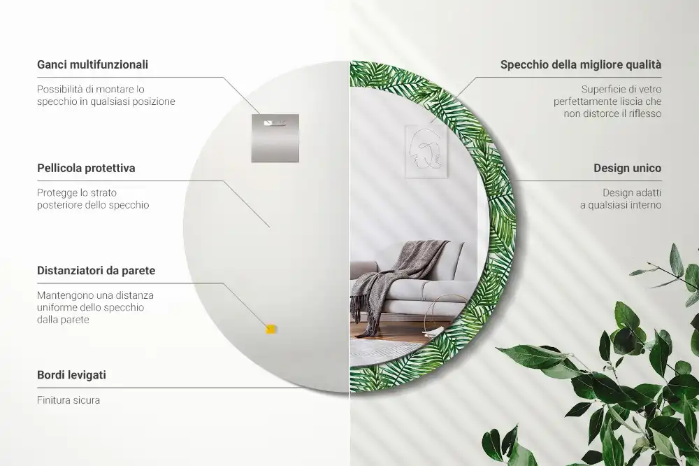 Miroir rond cadre imprimé palmier tropical