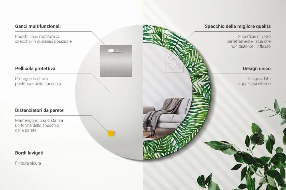 Miroir rond cadre imprimé palmier tropical