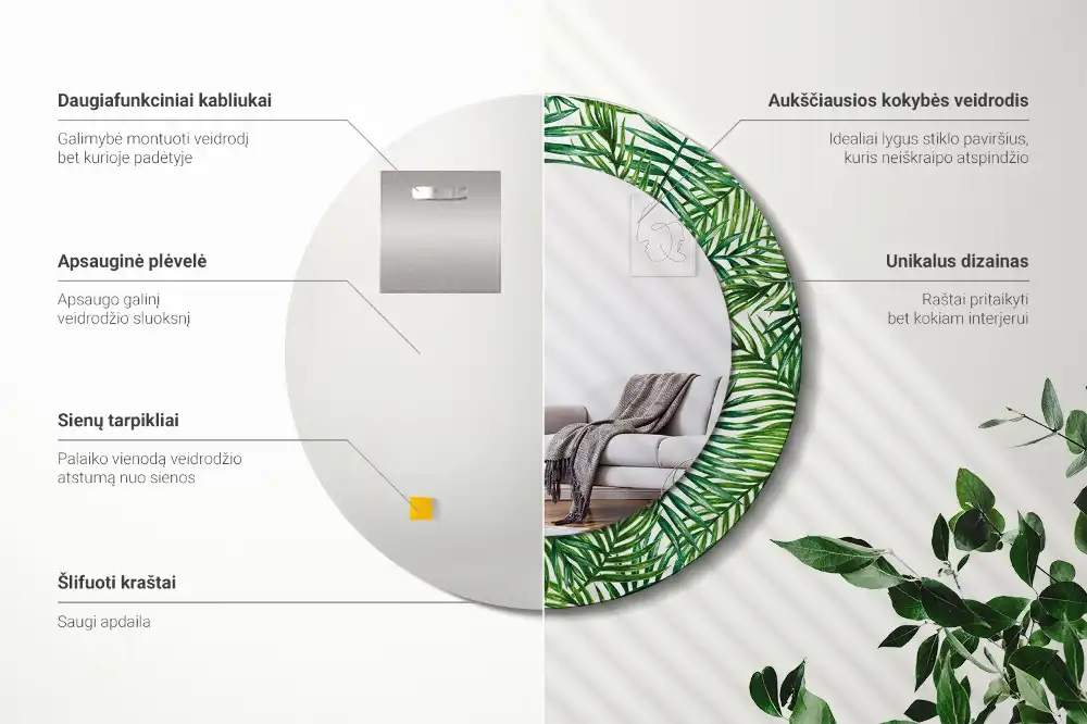 Miroir rond cadre imprimé palmier tropical