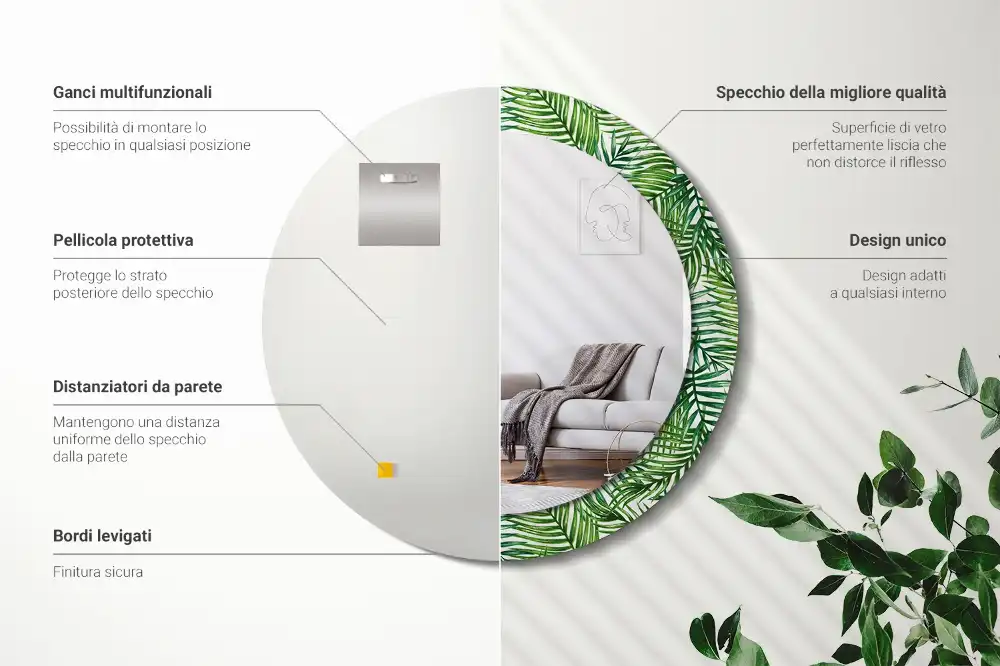 Miroir rond cadre imprimé palmier tropical
