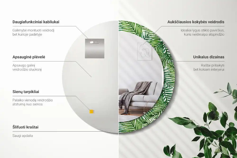 Miroir rond cadre imprimé palmier tropical