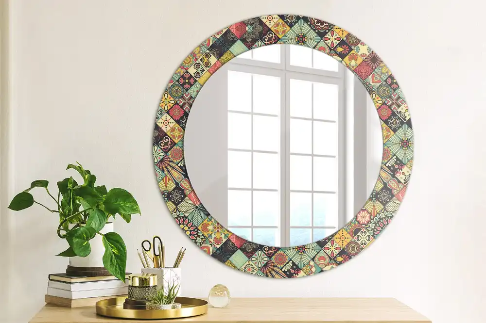 Miroir rond cadre avec impression carreaux de patchwork