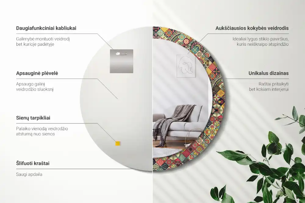 Miroir rond cadre avec impression carreaux de patchwork