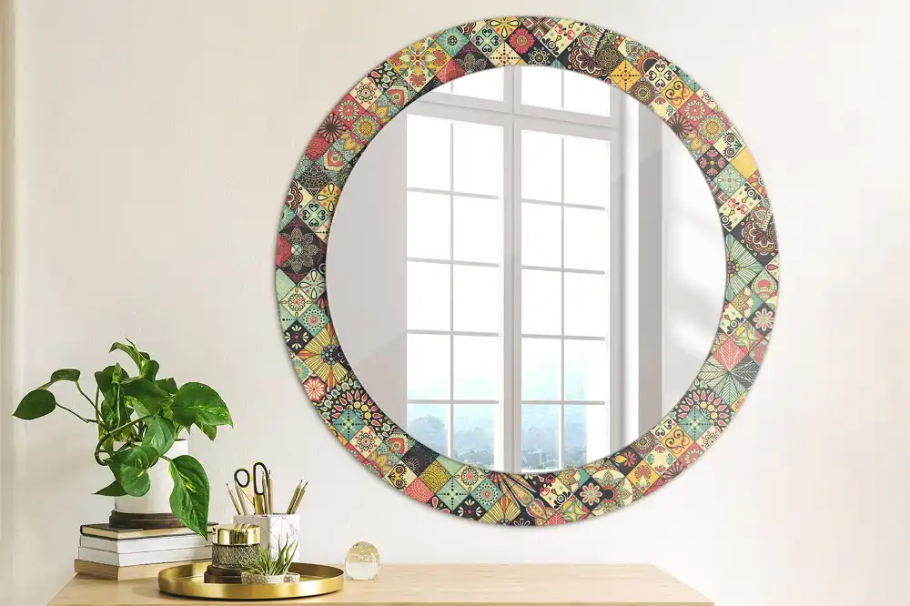 Miroir rond cadre avec impression carreaux de patchwork
