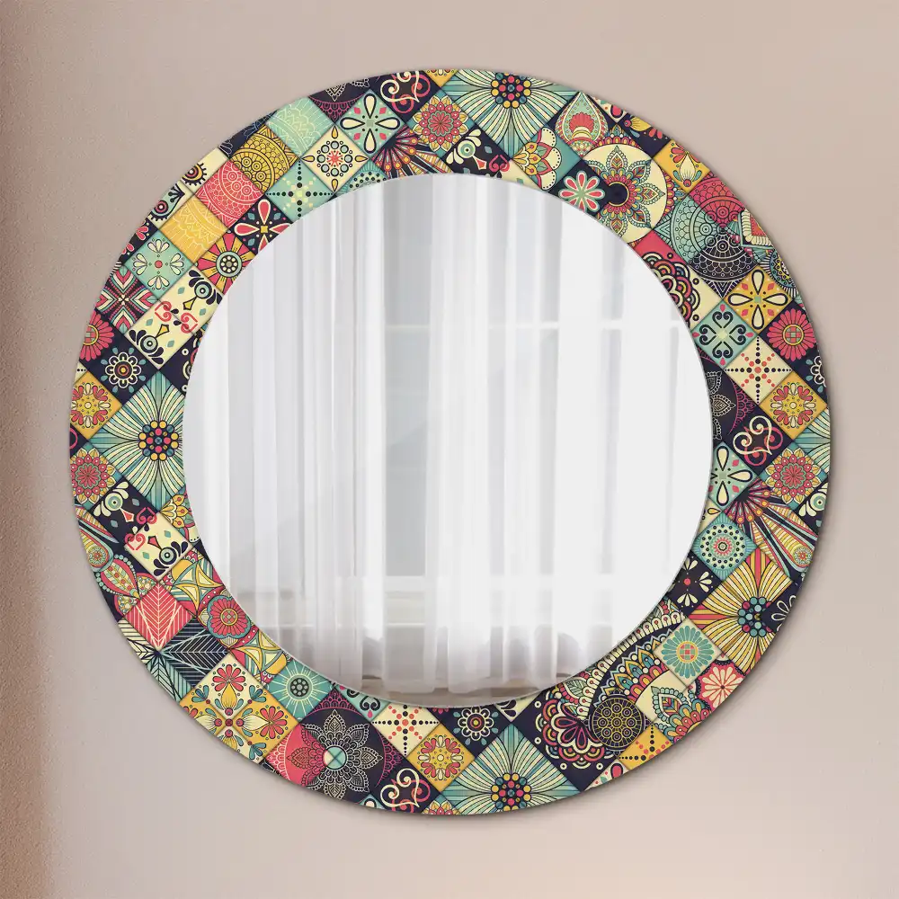Miroir rond cadre avec impression carreaux de patchwork