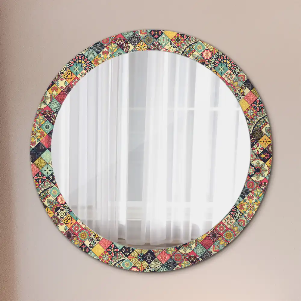 Miroir rond cadre avec impression carreaux de patchwork